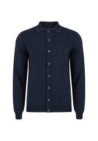 Granatowy kardigan z miękkiego materiału, z kołnierzykiem, pełnym zapięciem na guziki, długimi rękawami oraz ribbowanymi mankietami i dołem.