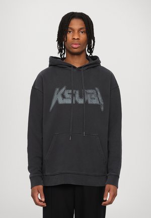 Black hooded sweatshirt with a front pocket, featuring a large distressed gray logo. Made from soft fabric with ribbed cuffs and hem.