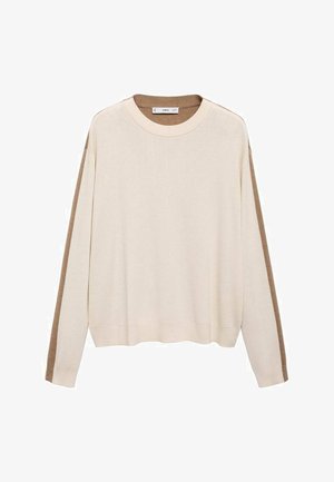 Maglione a maniche lunghe di colore crema con strisce marrone cammello che vanno dalle spalle ai polsi, scollatura a girocollo e orlo e polsini a coste.