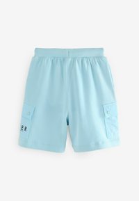 Pantaloni corti in cotone azzurro chiaro con vita elastica, due tasche cargo laterali e un logo stampato sulla parte anteriore inferiore. Texture liscia.