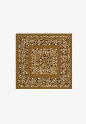 Bandana marrone con motivi paisley bianchi e neri e motivi floreali che formano un quadrato centrale e un bordo ornato su tutti i lati.