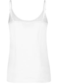 White camisole top made of soft fabric with thin adjustable straps and a semi-sheer panel at the neckline. Simple, clean design.