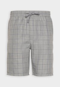Pantalones cortos de cuadros en gris claro con líneas azules, que cuentan con una cintura elástica y un cordón. El material parece ligero y texturizado.