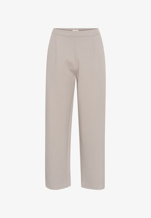 Hellgraue weite Hosen aus weichem Stoff, mit einem dehnbaren Bund und zwei vorderen Taschen. Glatte Textur ohne sichtbare Muster.