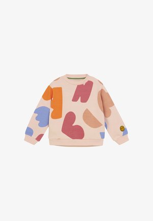 Pastel pink sweatshirt featuring colorful abstract shapes in orange, red, blue, and brown. Ribbed cuffs and crew neck with a logo badge.
