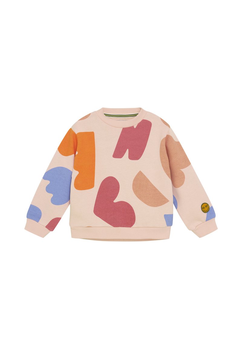 Pastelowy różowy sweter z kolorowymi abstrakcyjnymi kształtami w odcieniach pomarańczowym, czerwonym, niebieskim i brązowym. Prążkowane mankiety i okrągły dekolt z naszywką logo.