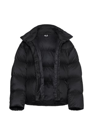 Schwarze, gepolsterte Jacke mit gestepptem Design, hochgeschlossenem Kragen, weiten Ärmeln, Reißverschluss vorne und ohne sichtbare Metallakzente.