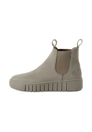 Bottines en cuir gris avec panneaux élastiques sur les côtés, semelle plate, semelle texturée striée et languettes pour un enfilage facile.