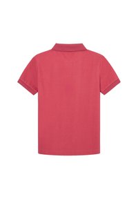 Ein einfarbiges, rosa Poloshirt mit kurzen Ärmeln, von hinten gezeigt, mit klassischem Kragen und gerippten Ärmelsäumen auf einem weißen Hintergrund.
