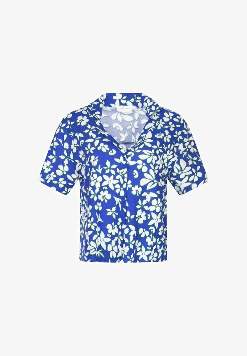Chemise bleue à manches courtes avec des boutons, motif floral blanc et col cranté, présentée sur un fond blanc uni.