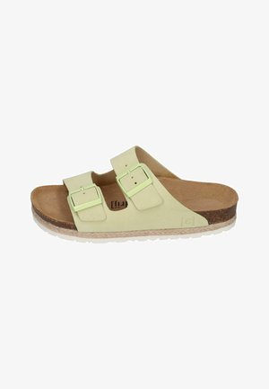 Lime green two-strap slide sandal with adjustable buckles, cork footbed, and textured sole. Features a smooth upper material.