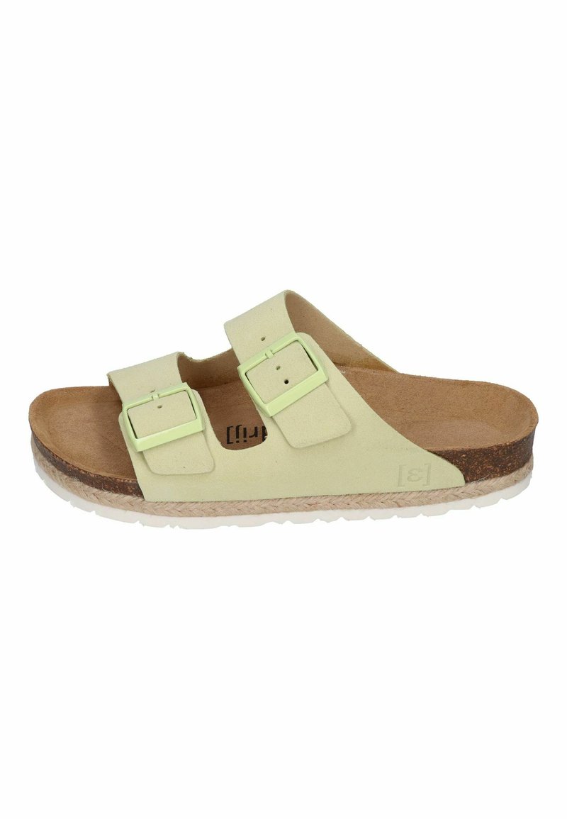 Lime green two-strap slide sandal with adjustable buckles, cork footbed, and textured sole. Features a smooth upper material.