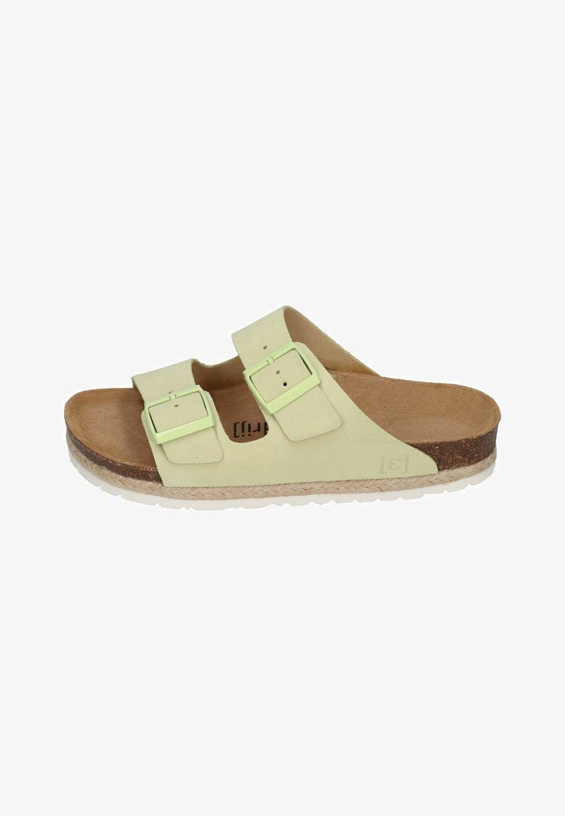 Lime green two-strap slide sandal with adjustable buckles, cork footbed, and textured sole. Features a smooth upper material.
