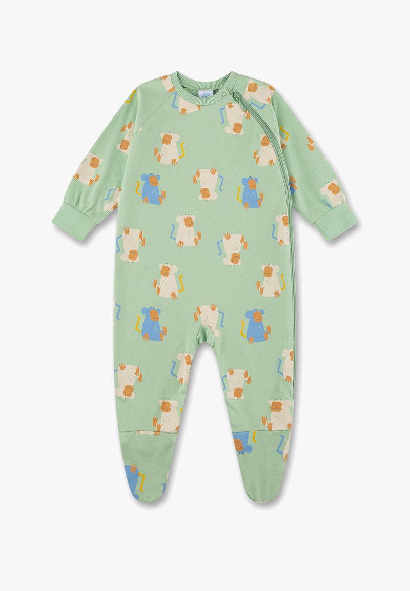 Grüner Langarm-Overall mit einem verspielten Affenmuster in Blau, Orange und Creme, aus weicher Baumwolle und mit einem Reißverschluss.