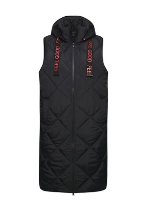 Gilet trapuntato nero con cappuccio, zip frontale e testo rosso "FEEL GOOD" sulle spalline. Texture liscia e design lungo fino al ginocchio.