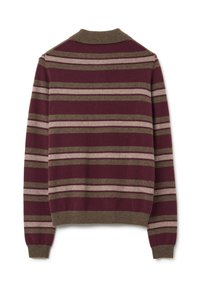 Maglione a righe marrone con bande orizzontali in beige e verde oliva. Presenta un colletto e dei polsini a costine, con una texture lavorata su tutto il capo. Vista posteriore.
