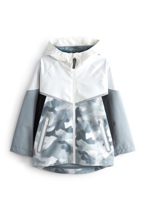 Kurtka z kapturem z białą górną częścią, szarą kamuflażową dolną przednią częścią, jednolitymi szarymi rękawami, czarnymi panelami bocznymi i dwoma przednimi kieszeniami na zamek.