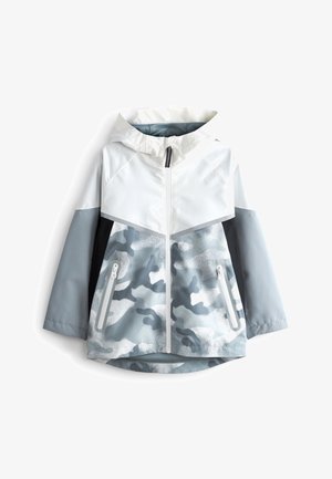 Veste à capuche avec partie supérieure blanche, partie avant inférieure camouflage gris, manches grises unies, panneaux latéraux noirs et deux poches avant zippées.