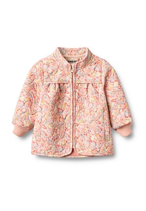 Vatteret lyserød jakke til småbørn med blomstermønster, frontlynlås, ribbet manchetter og to sidelommer.