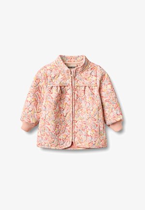 Vatteret lyserød jakke til småbørn med blomstermønster, frontlynlås, ribbet manchetter og to sidelommer.