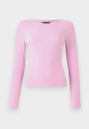 Long-sleeve top in ribbed light pink fabric, featuring a round neckline and fitted silhouette. Smooth texture with minimal seams.