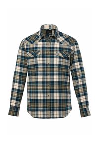 Geruite shirt in groen, blauw en crème tinten. Beschikt over een knoopsluiting aan de voorkant, twee borstzakken en een spread collar. Zachte textuur.