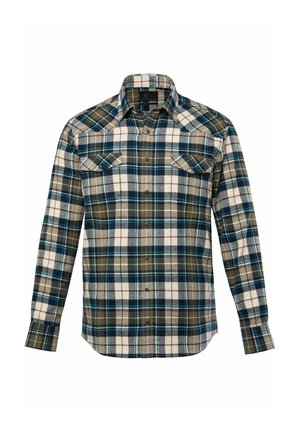 Camisa a cuadros en tonos verde, azul y crema. Presenta un cierre de botones en la parte delantera, dos bolsillos en el pecho y un cuello extendido. Textura suave.