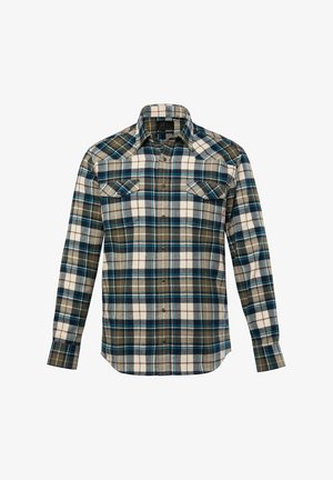 Koszula w kratę w odcieniach zieleni, niebieskiego i kremowego. Posiada zapięcie na guziki, dwie kieszenie na piersi oraz kołnierz rozłożony. Miękka tekstura.