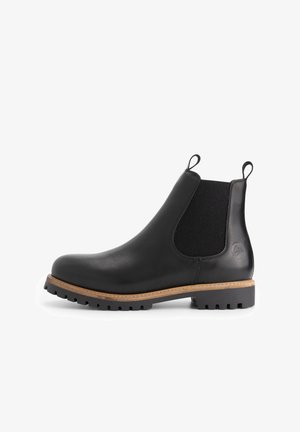 Zwarte leren Chelsea-boot met elastische zijpanelen, bruine leren rand, lussen op de enkel en een stevige, profielzool.