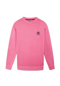 Sudadera rosa de mangas largas, con cuello redondo y un pequeño logo en navy con rayas en el lado izquierdo del pecho. Textura de algodón suave.