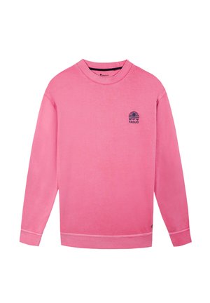 Pink sweatshirt with long sleeves, round neckline, and a small navy logo featuring stripes on the left chest. Soft cotton texture.