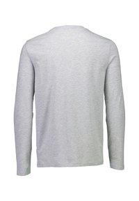 Pitkähihaisen harmaan t-paidan, pyöreä pääntie, valmistettu pehmeästä puuvillasekoitteesta, sileällä pinnalla ilman näkyviä kuvioita tai metalliosia. Takakatsaus.