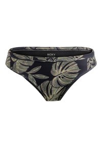 Čierne spodné prádlo z bikin s listovým vzorom v zelených a zlatých odtieňoch. Má hladký pás a priliehavý strih. Vyrobené z elastického materiálu.