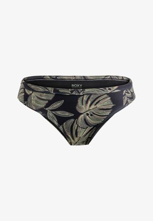 Parte inferior de bikini negra con un patrón de hojas en tonos verdes y dorados. Presenta una cinturilla suave y un corte ajustado. Fabricada en material elástico.