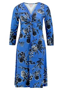 Vestito blu alla lunghezza del ginocchio con stampa floreale in bianco e nero, maniche a tre quarti, scollatura a V e dettaglio a nodo attorcigliato in vita.