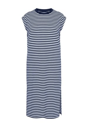 Robe midi à manches courtes rayée horizontale bleu marine et blanche, avec une fente sur le côté et un col rond.