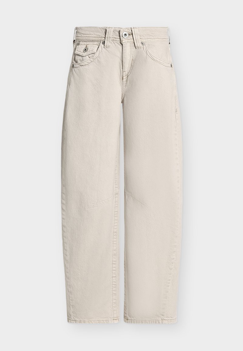 Μπεζ τζιν παντελόνι με υψηλή μέση και ίσια γραμμή, με μπροστινό κουμπί, φερμουάρ, πέντε τσέπες, θηλιές για ζώνη και εμφανείς ραφές.