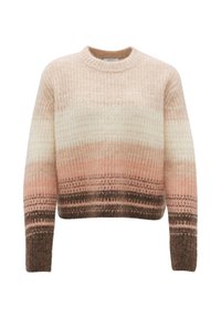 Strickpullover mit einem Farbverlauf aus sanftem Rosa, Creme und Braun, mit gerippter Textur und rundem Halsausschnitt.