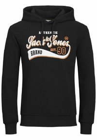 Felpa nera in cotone, con logo frontale "Jack & Jones" in lettere arancioni e bianche, cappuccio con cordino e polsini a costine.