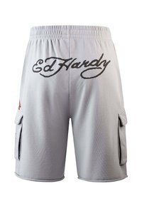 Gray cargo shorts with an elastic waistband, featuring the "Ed Hardy" logo in black on the back and side pockets. Smooth fabric texture.