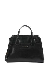 Borsa a tracolla in pelle nera con doppio manico superiore e tracolla removibile. Presenta una superficie liscia e una placca con logo dorato sul davanti.