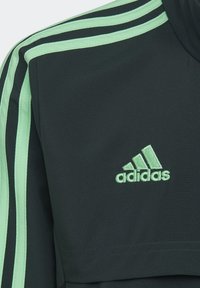Ropa deportiva negra con un diseño de tres rayas verdes, textura suave, y un logo de Adidas bordado en el pecho.