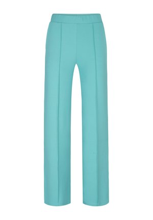 Turquoise wijde broeken met een gladde textuur, een elastische tailleband en details van een voornaad. Minimalistisch ontwerp zonder zakken.