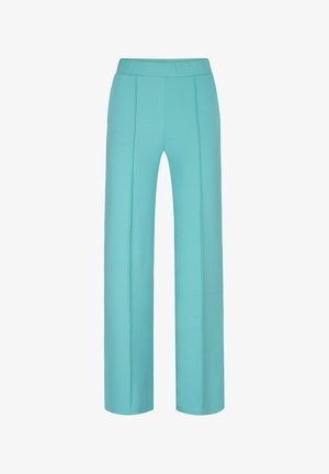 Turquoise wijde broeken met een gladde textuur, een elastische tailleband en details van een voornaad. Minimalistisch ontwerp zonder zakken.