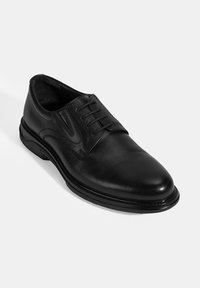 Schwarze Leder- dressschuhe mit runder Spitze, Schnürdesign, glatter Textur und dezenten Nähten auf dem Vorderblatt und der Zunge.