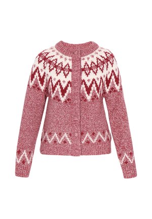 Punane ja valge kudumi kardigan, millel on geomeetriline muster, ümar kaelus ja nööbiga esikülg. Pehme tekstuur ja pikad varrukad.