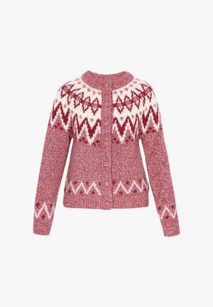 Punane ja valge kudumi kardigan, millel on geomeetriline muster, ümar kaelus ja nööbiga esikülg. Pehme tekstuur ja pikad varrukad.
