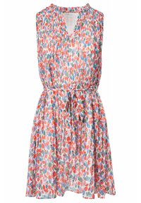 Robe sans manches avec encolure froncée et ceinture à la taille, présentant un motif abstrait multicolore de feuilles en rouge, bleu, vert et violet.