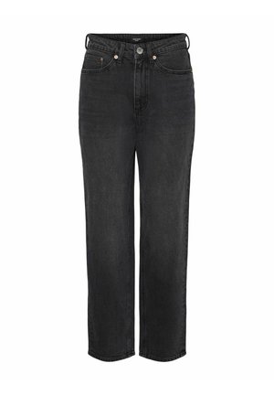 Jean noir taille haute avec une coupe droite, dotés de passants de ceinture, d'une fermeture à bouton en métal et de deux poches avant. Texture de denim lisse.