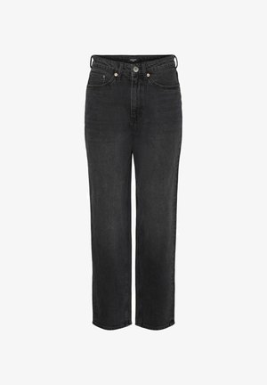 Jean noir taille haute avec une coupe droite, dotés de passants de ceinture, d'une fermeture à bouton en métal et de deux poches avant. Texture de denim lisse.